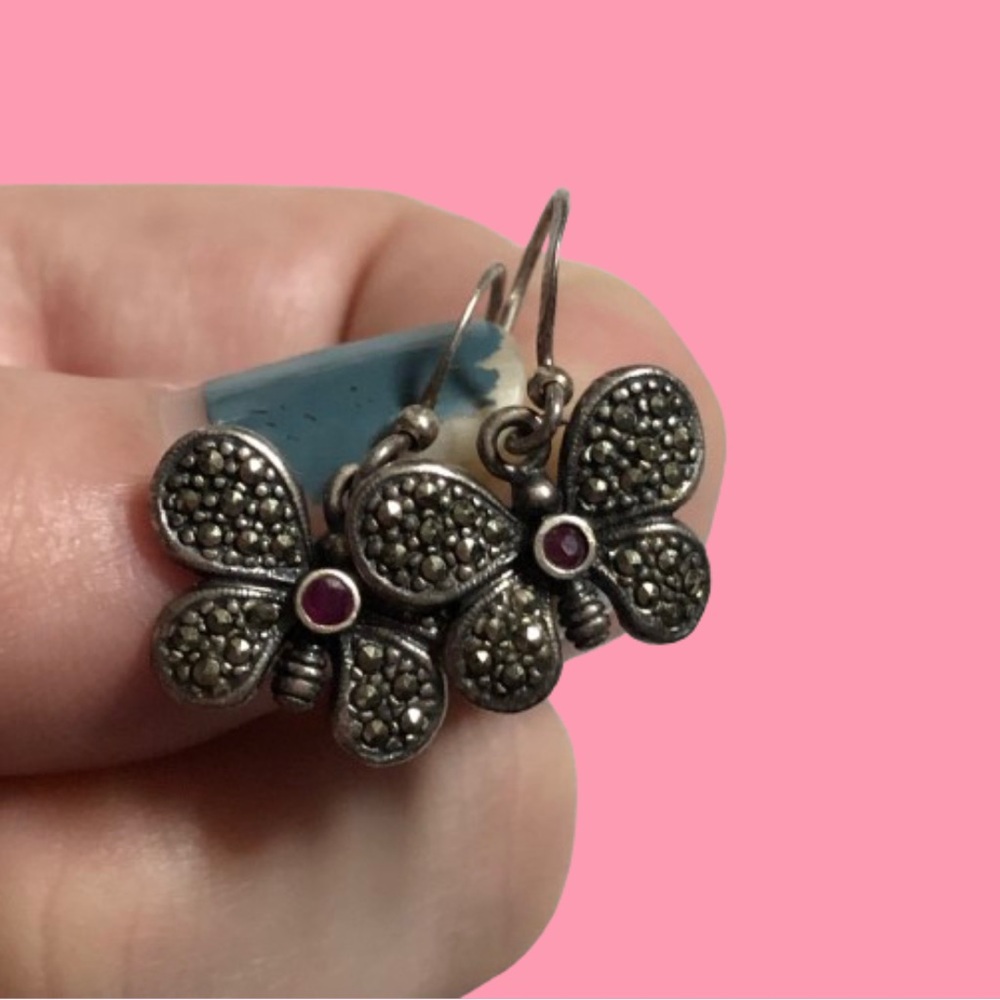 Vintage stamped 925 sterling silver marcasite butterfly dangle earrings rubies?
